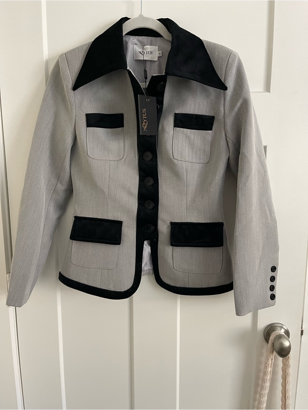 Saks Fifth Avenue Gray Blazer with Black Contrast Trim and skirt set!